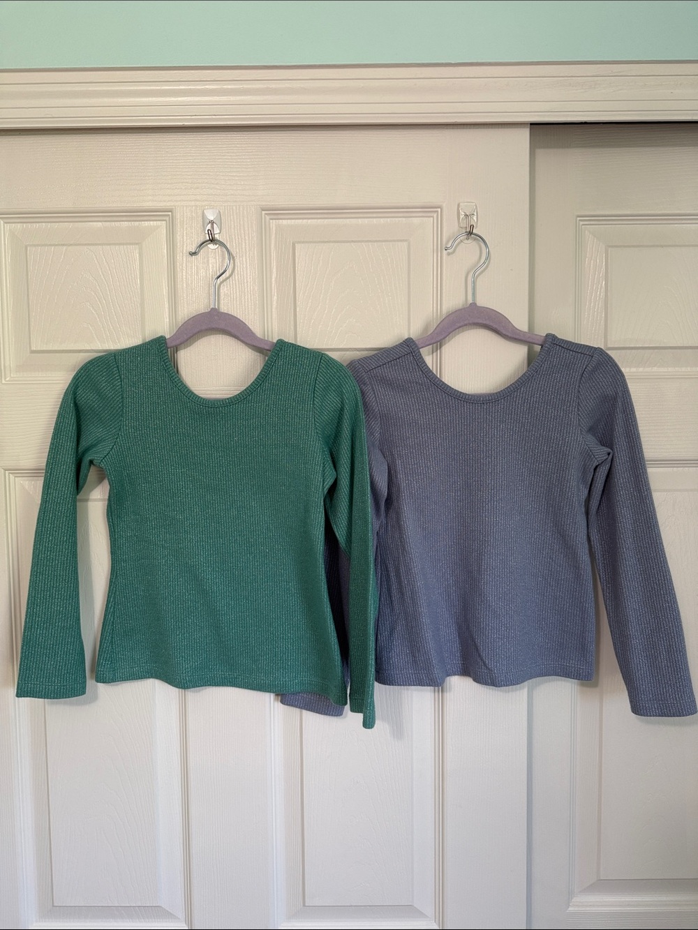 Hanna Andersson Kids Long Sleeve Glitter Ribbed Tee in Green and Blue